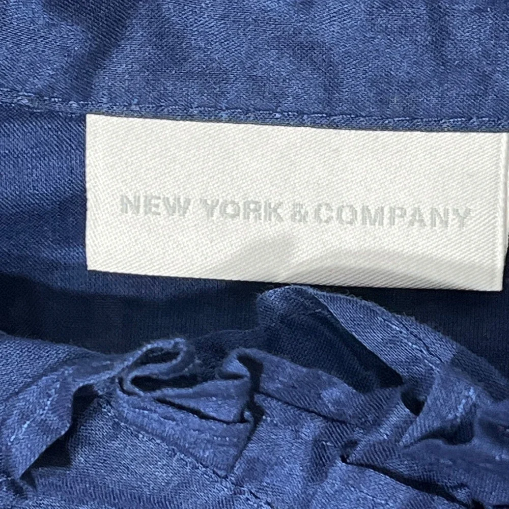 New York & Company Navy Blue Ruffle Front Cotton Blouse XL Long Sleeve Top